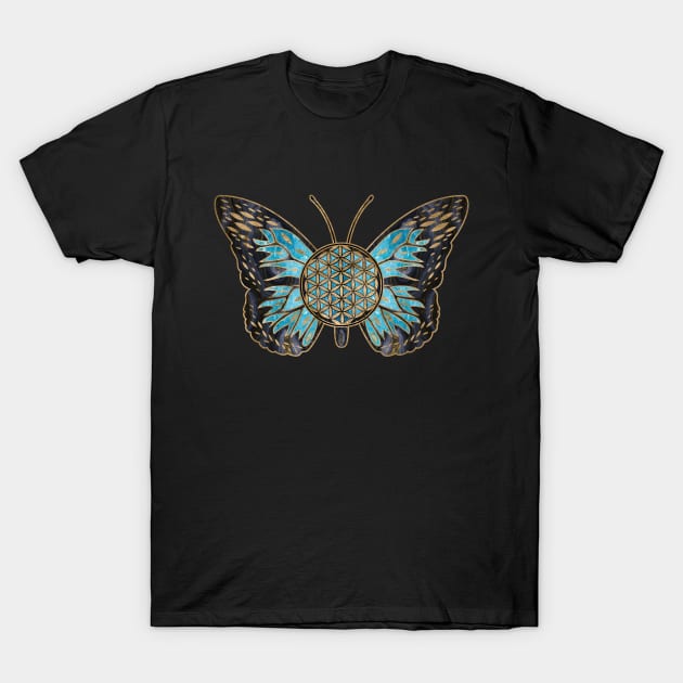 Flower of Life Butterfly - Blue Gemstone and gold T-Shirt by Nartissima